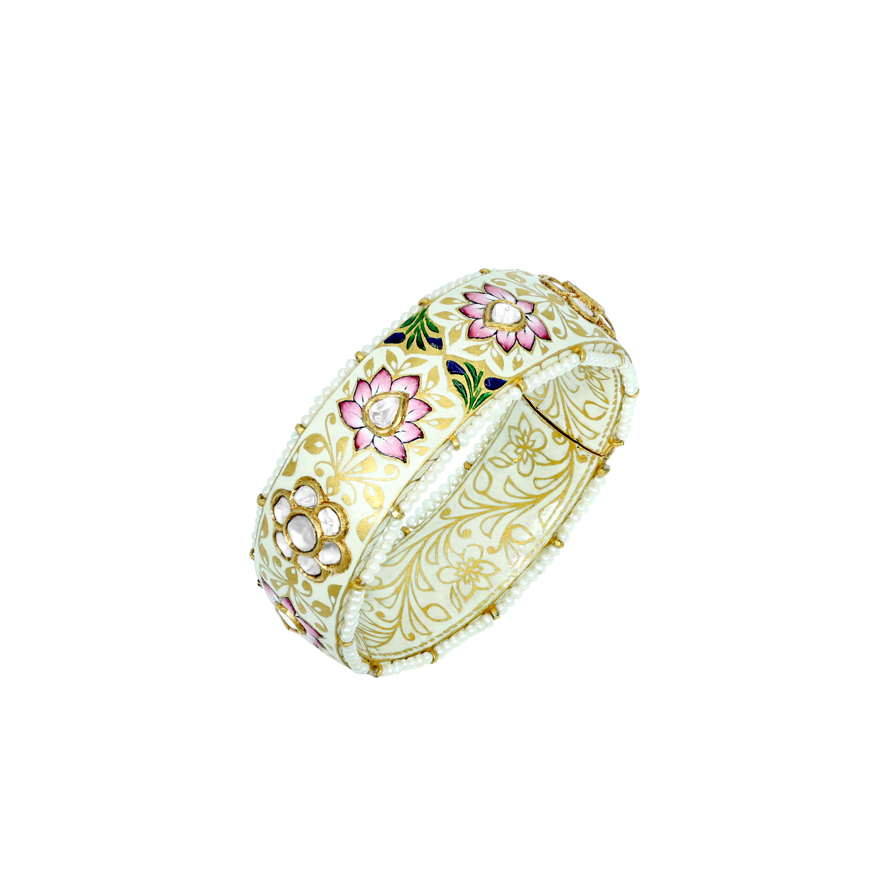Pink Lotus Enamel Bangle with Polki and Pearl Edges